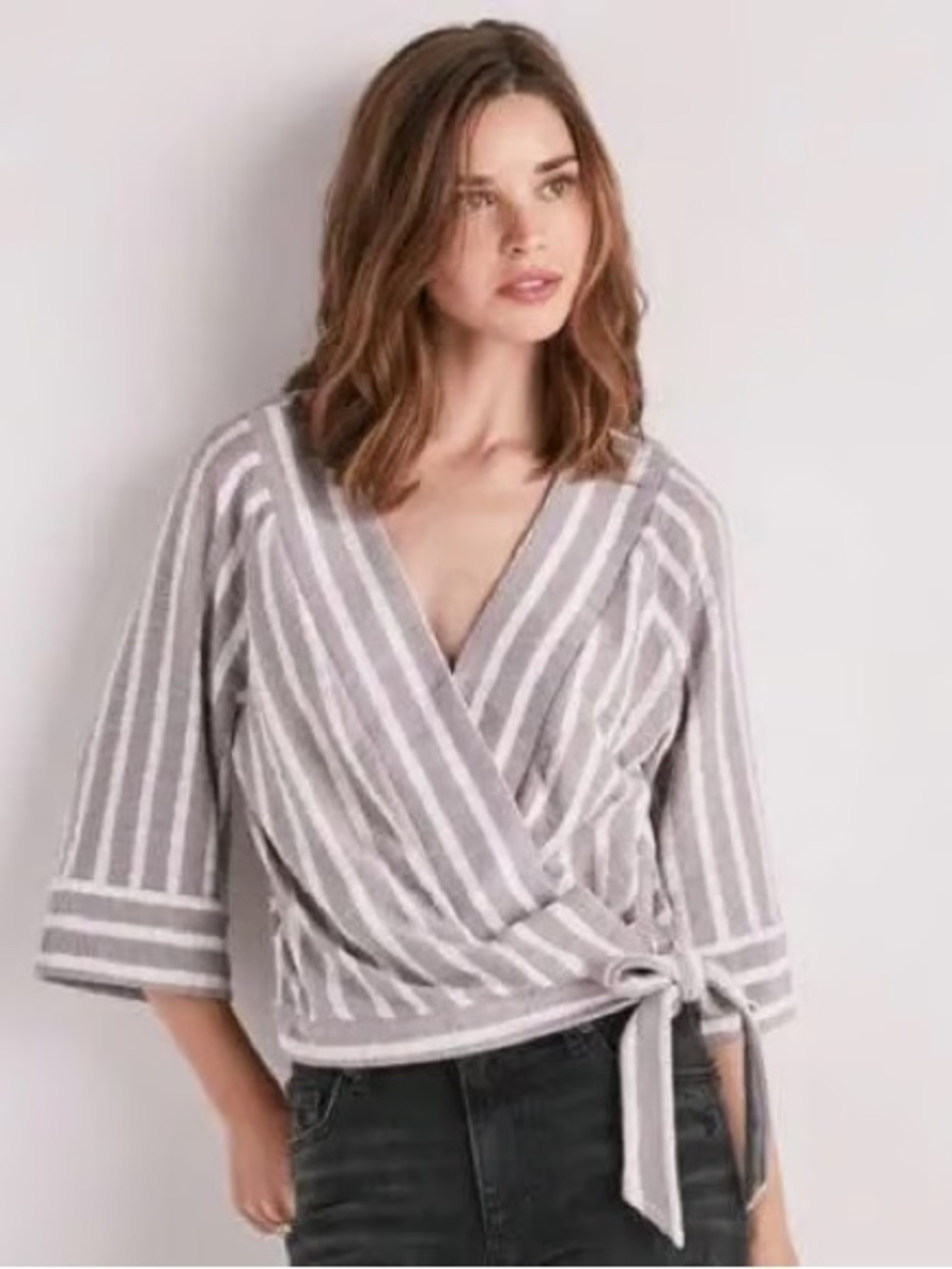 Lucky Brand White Striped Wrap Blouse